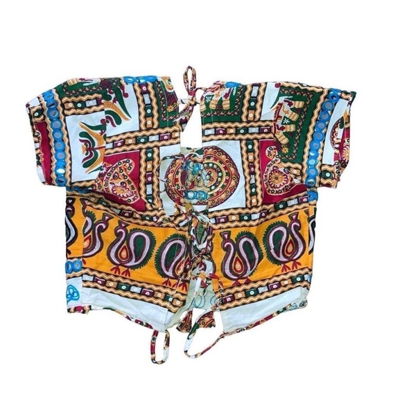 Blue and Yellow Short Sleeve Crop Blouse with Tie Front - Picture 5 of 13